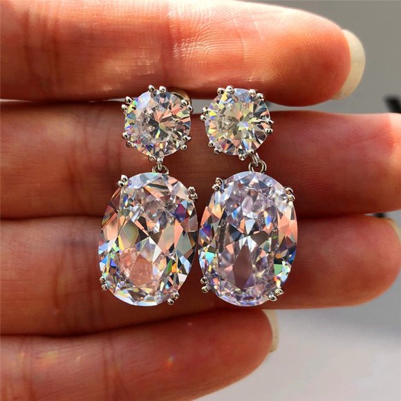 "Shiny Big Oval Zircon Silver Plated Drop Earrings for Women, VP1011 - Picture 1 of 5